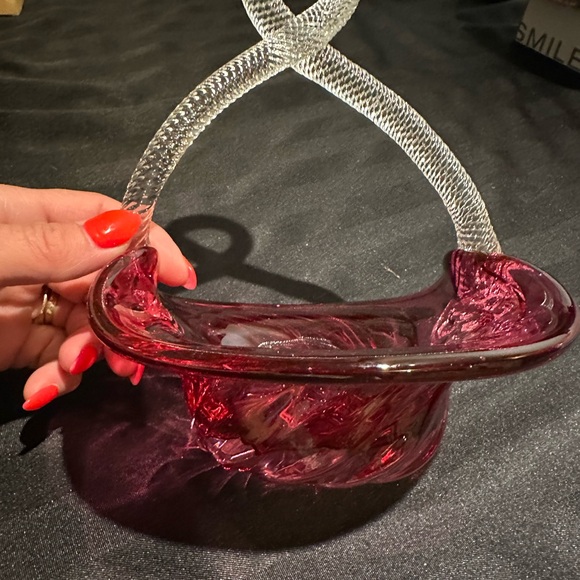Vintage Victorian Cranberry Blown Glass Basket Clear Braided and Twisted Handle - Picture 2 of 7